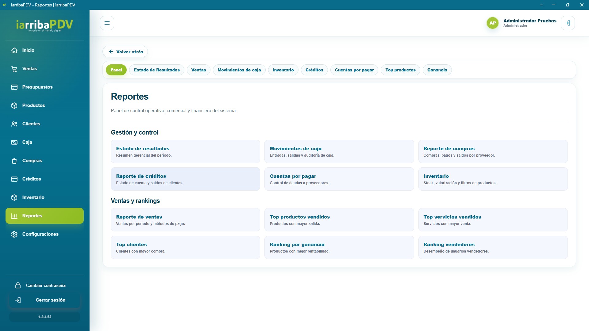 Pantalla de reportes en iarribaPDV
